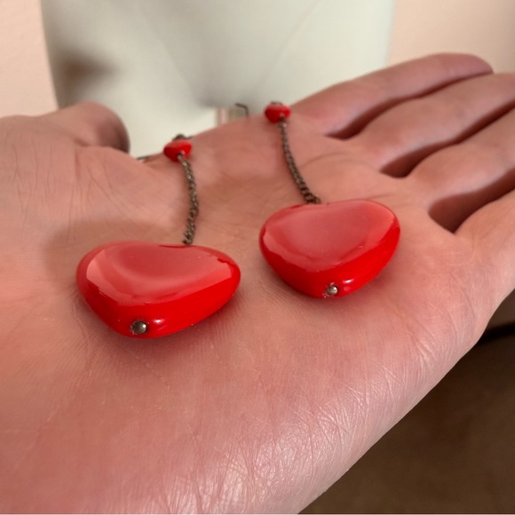 Vintage Red glass Heart Sterling silver oversized Modernist dangle Earrings - Picture 9 of 15
